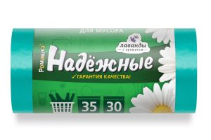 Мешки для мусора 35 л с ушками , зеленые , серия Надежные , ( ПСД , 12 мкн , 30 шт в рулоне ) ВЛ-038-30У