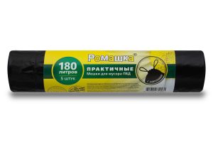 Мешки для мусора 180 л , с завязками , черные , серия Практичные , ( ПВД , 40 мкн , 5 шт в рулоне ) ЗВП-180/5/15/Ч